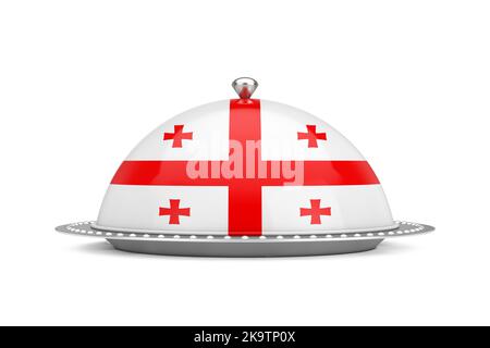 Georgia Food Konzept. Silberplatte und Food Cover Restaurant Cloche mit georgischer Flagge auf weißem Hintergrund. 3D Rendering Stockfoto