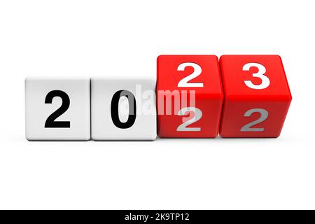 Blöcke mit dem Übergang von Jahr 2022 zu 2023 auf weißem Hintergrund. 3D Rendering Stockfoto