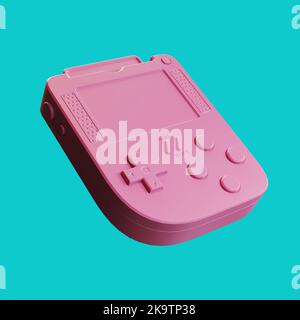 Pink Abstract Arcade Old School Joypad, Gamepad oder Spielkonsole im Duotone-Stil auf blauem Hintergrund. 3D Rendering Stockfoto