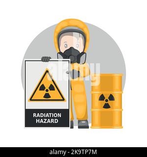 Industriearbeiter mit Warnschild für radioaktive Strahlung. Toxische Materialien im Fass. Strahlungsgefahr. Umgang mit gefährlichen Stoffen und Materialien. Zoll Stock Vektor