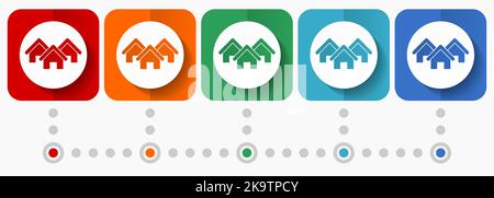 Haus, Haus, Immobilien-Vektor-Symbole, Infografik-Vorlage, Satz von flachen Design-Symbole in 5 Farboptionen Stock Vektor