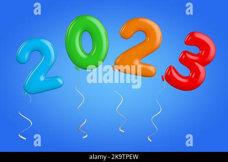 Mehrfarbige Ballons als 2023 Neujahrszeichen auf blauem Hintergrund. 3D Rendering Stockfoto
