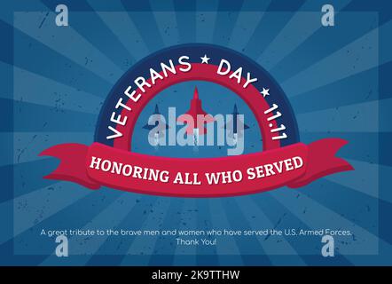 Veterans Day Typography Poster Vektorgrafik. November 11 USA Abstraktes Retro Sunburst Texturdesign. Alle ehren, die gedient haben. Danke Stock Vektor