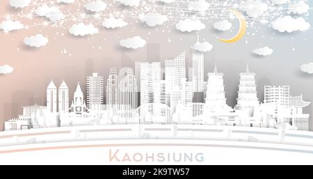 Kaohsiung Taiwan City Skyline im Paper Cut Stil mit weißen Gebäuden, Mond und Neon Girlande. Vektorgrafik. Business Travel und Tourismus Konzept Stock Vektor