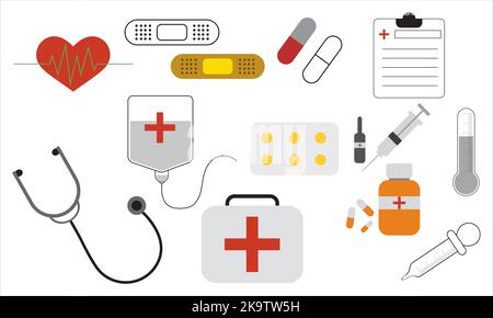 Erste-Hilfe-Kasten mit medizinischer Ausrüstung. Verband, Medizin, Spritze, Thermometer, Pflaster, Stethoskop, Medikamente für den Notfall. Stock Vektor