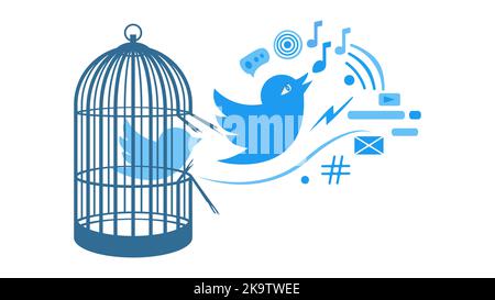 Der Twitter-Logo-Vogel hat sich aus seinem Käfig befreit. Stock Vektor