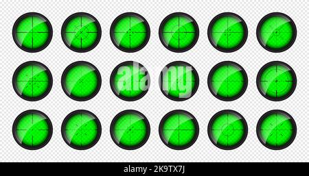 Verschiedene Waffen Nachtsicht, Scharfschützengewehr optische Scopes. Jagdgewehr-Sucher mit Fadenkreuz. Ziel, schießen Marke Symbol. Militärisches Zielschild Stock Vektor