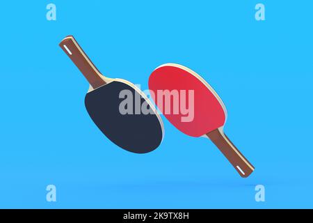 Tischtennis-Paddel auf blauem Hintergrund. Spiel für die Freizeit. Sportausrüstung. Internationaler Wettbewerb. 3D Rendern Stockfoto