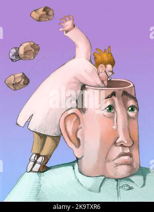Nahaufnahme des Gesichts eines traurigen Mannes, der weint, zieht ein Arzt aus seinem Kopf einige Steine heraus und wirft ihnen ein psychologisches Therapiekonzept Stockfoto