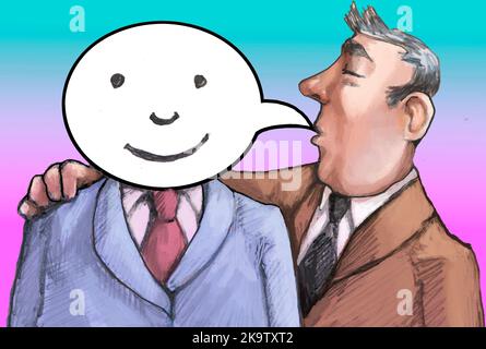 Zwei Figuren nebeneinander der Sprecher bedeckt das Gesicht des Zuhörers mit einer lächelnden Bubble-Gehirnwäsche-Metapher Stockfoto