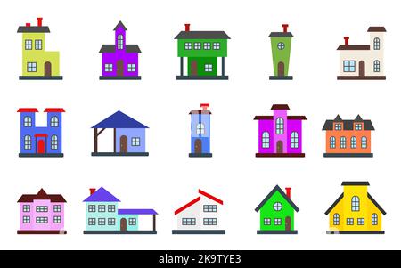 Häuser Außenansicht flache Icon-Set. Wohnhaus Stadthaus Gebäude Wohnung. Home Fassade mit Türen und Fenstern. Verschiedene Form städtischen Vorort Stadthaus auf weißem Hintergrund isoliert Stock Vektor