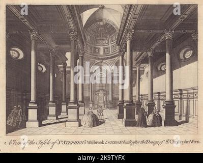 Innenansicht von St. Stephen's Walbrook, London. Herr. Christopher Wren 1750 Druck Stockfoto