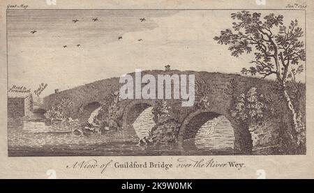 Blick auf die Guildford Bridge über den Fluss Wey. Surrey. MAG 1754-Druck FÜR HERREN Stockfoto