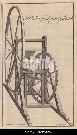 Eine Mühle zum Mahlen von Mais von Hand. Technik. GENTS mag 1758 mit altem Antikdruck Stockfoto