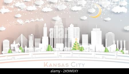 Kansas City Missouri Skyline im Paper Cut Style mit Schneeflocken, Moon und Neon Garland. Vektor. Weihnachts- und Neujahrskonzept. Weihnachtsmann auf Schlitten. Stock Vektor