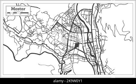 Mostar Bosnien und Herzegowina Stadtplan in Schwarz und Weiß Farbe im Retro-Stil isoliert auf Weiß. Übersichtskarte. Vektorgrafik. Stock Vektor