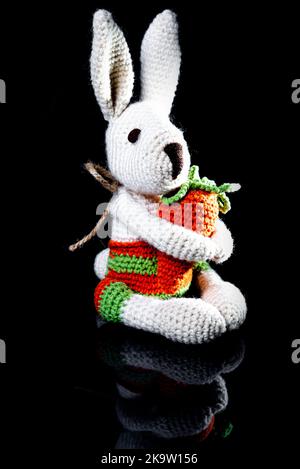 Schönes gestricktes Spielzeug Kaninchen. Alte handgemachte Souvenirs gestricktes Spielzeug Kaninchen mit einer Karotte isoliert auf schwarz Stockfoto