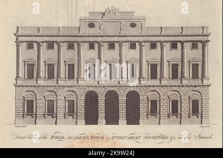 Vorderansicht der königlichen Akademie… In The Strand. Somerset House 1779 alter Druck Stockfoto