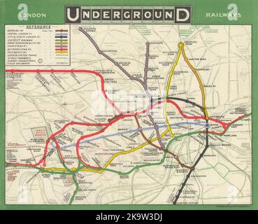 London Underground Railways. Tube Network Map 1908 alte antike Plan-Karte Stockfoto