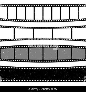 Geschwungene Filmstreifen-Kollektion im Retro-Stil. Alte grunge Kino Filmstreifen. Analoges Videoaufnahmematerial. Vektorgrafik Stock Vektor