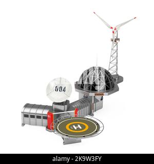 Moderne Remote Antarctic Research Polarstation auf weißem Hintergrund. 3D Rendering Stockfoto