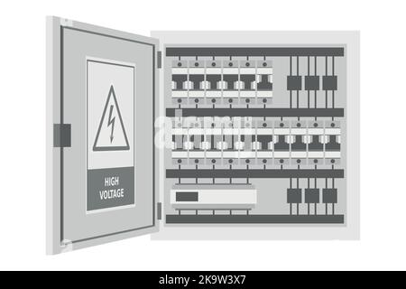Schaltkasten, Schalttafel mit Symbol für Hochspannungs- und elektrische Gefahrenabsicherung und Piktogramm. Sicherheit An Erster Stelle. Arbeitssicherheit und schutz vor arbeitsvergehen Stock Vektor