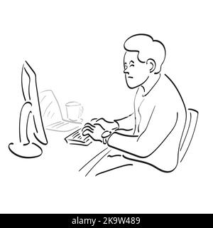 Männlich Computer-Entwickler arbeitet an seinem Büro Illustration Vektor Hand gezeichnet isoliert auf weißem Hintergrund Linie Kunst. Stock Vektor