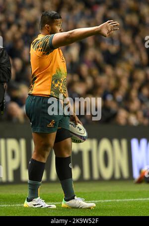 Edinburgh, Großbritannien. 29.. Oktober 2022. Folau Fainga'a aus Australien beim Spiel der Autumn Nation Series im Murrayfield Stadium, Edinburgh. Bildnachweis sollte lauten: Neil Hanna / Sportimage Stockfoto