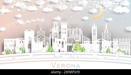 Verona Italien City Skyline in Paper Cut Style mit Schneeflocken, Mond und Neon Girlande. Vektorgrafik. Weihnachts- und Neujahrskonzept. Stock Vektor