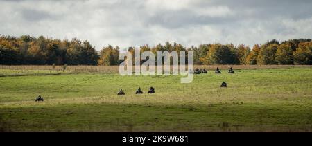 Große Gruppe von Quad-Bikern auf einem Cross-Country-Abenteuer, bewölkten Sommerhimmel Stockfoto