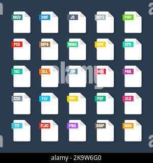 Gängige Systemdateiformate. Dokumenttypen und Erweiterungen. Flache Ikonen-Kollektion. Dokument-Piktogramm, Web-Design-UI-Element, Vorlage. Computer Stock Vektor