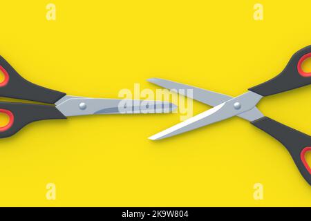 Schere auf gelbem Hintergrund. Friseurausrüstung. Schreibwaren Accessoires. Vorschulbildung. 3D Rendern Stockfoto