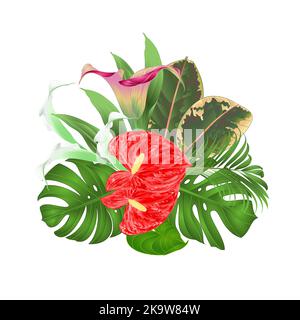 Tropisch, Blumen, Lilien, Cala, Anthurium, Blume, Vektor, ficus, floral, Handzeichnung, Aquarell, Muster, Sommer, Hintergrund,hawaiian,Retro,Blatt, ha Stock Vektor