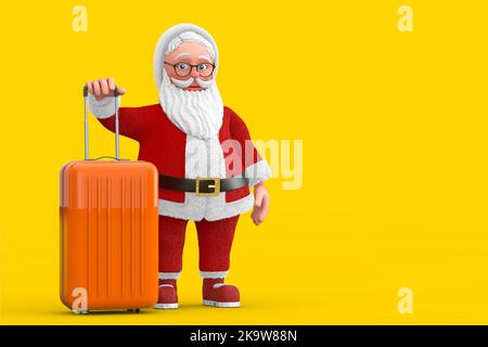 Cartoon fröhliche Santa Claus Grana mit Orange Travel Koffer auf gelbem Hintergrund. 3D Rendering Stockfoto