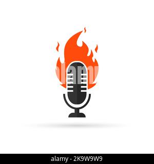 Mikrofon mit Flammensymbol. Music Fire Logo-Design. Symbol für Flammenfeuer-Podcast-Mikrofon. Vektor isoliert gezeichnet Stock Vektor