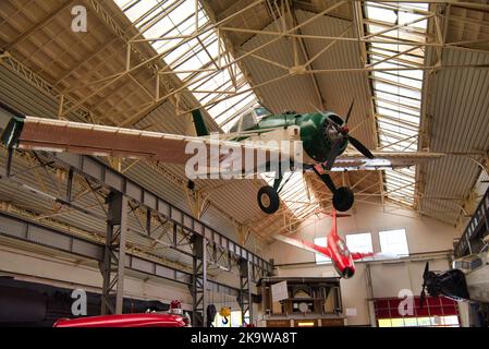 SPEYER, DEUTSCHLAND - OKTOBER 2022: Weiß-grünes Flugzeug PZL-106 Kruk im Technikmuseum Speyer. Stockfoto