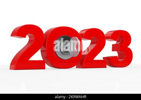 Neues 2023-Jahres-Zeichen mit Schlüssel auf weißem Hintergrund. 3D Rendering Stockfoto