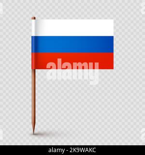 Realistische russische Zahnstocherflagge. Souvenir aus Russland. Zahnstocher aus Holz mit Papierfahne. Positionsmarke, Kartenzeiger. Blanko-Mockup für Werbung und Stock Vektor