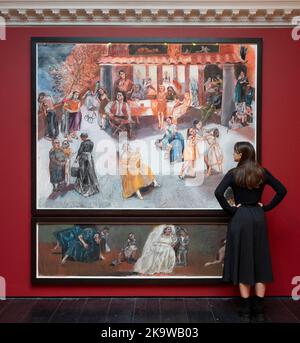 Christie’s, London, Großbritannien. 30. Oktober 2022. Macabre bei Christie’s, einer Verkaufsausstellung des britischen Künstlers Benjamin Spiers mit Arbeiten in der Ausstellung zwischen £30.000-£10m. Vom grimmigen und unheimlich Fremden bis zum verzerrten und Dunklen untersucht diese gruselige Ausstellung den künstlerischen Umgang mit dem Makabren durch die Zeitalter und läuft bis zum 9. Dezember 2022. Bild: Paula Rego (1935-2022), breites Sargasso-Meer, gemalt 2000. Eine mehrstellige Erzählkomposition, die ihren Namen dem Roman des britisch-dominikanischen Autors Jean Rhys verdankt. Quelle: Malcolm Park/Alamy Live News Stockfoto