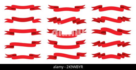 Flaches Set mit rotem Band. Leeres Bandbanner für Werbeaktion, Verkaufstext, Titelbild, Abzeichen, Emblem, Leerer Rahmen. Gewellte Schriftbänder. Elegante Retro-Flagge, Hintergrundstreifen Stock Vektor