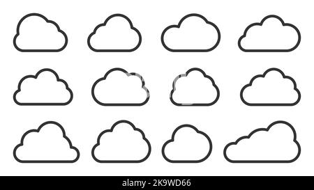Wolken schwarze Linie Cartoon-Symbol gesetzt. Verschiedene Cloud-Umrissformen für Wettervorhersage, Web-Schnittstelle, Sprechblasenballon, Datenbanktechnologie, Netzwerkspeicheranwendungen, Bezeichnung meteorologie Stock Vektor