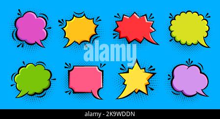 Cartoon Pop Art Blasen mit Halbtonschatten. Symbolsatz für Sprechblase im Retro-Design. Explosion epischen Spaß Comic-Seite Dialog Textnachricht Ballon Vorlage Formen. Boom, Burst, Wow Effekt leerer Rahmen Stock Vektor