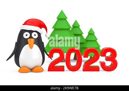 Grüne Bäume und Cartoon Pinguin Charakter mit Weihnachtsmütze in der Nähe 2023 Neujahr Zeichen auf einem weißen Hintergrund. 3D Rendering Stockfoto