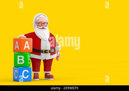 Cartoon fröhliche Santa Claus Grana mit Alphabet ABC Bildung Würfel auf einem gelben Hintergrund. 3D Rendering Stockfoto