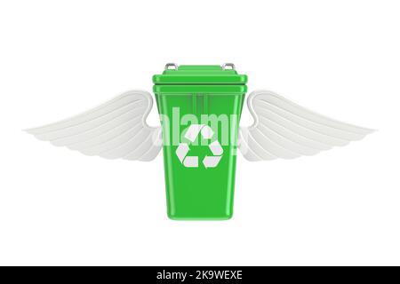 Recycle Sign Grüner Müll Papierkorb mit Angel Wings auf weißem Hintergrund. 3D Rendering Stockfoto