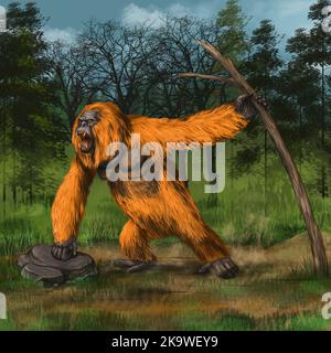Prähistorische Primaten gigantopithecus in der Natur. Riesiger Orang-Utan. Digitale Illustration mit Vorfahren des Menschen. Stockfoto