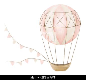 Wasserfarbe rosa Heißluftballon. Handgezeichnete Illustration von niedlichen Flugzeugen mit beigefarbenem Pastellkorb für Kinder-Design. Zeichnung auf Weiß Stockfoto