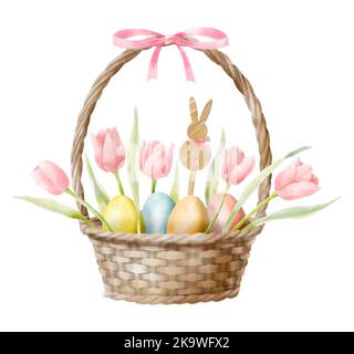 Aquarell-Osterkorb mit bunten Eiern, Frühlingsblumen und rosa Band. Handbemalte Illustration für schöne Feiertage. Zeichnung auf isoliertem weißem i Stockfoto