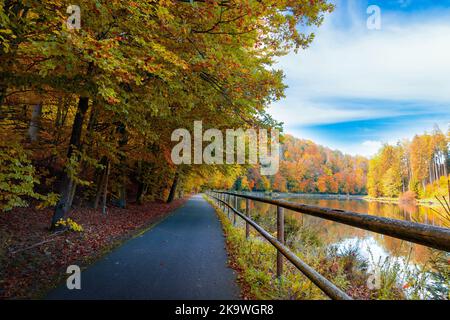 Straße entlang der Moldau in der Herbstsaison. Stockfoto