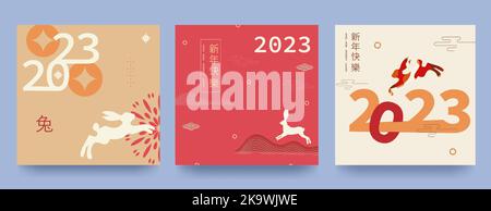 Set von Hintergründen, Grußkarten, Plakate, Feiertage deckt Happy New Chinese Year of the Rabbit. . Chinesische Übersetzung - Frohes Neues Jahr, das Symbol Stock Vektor